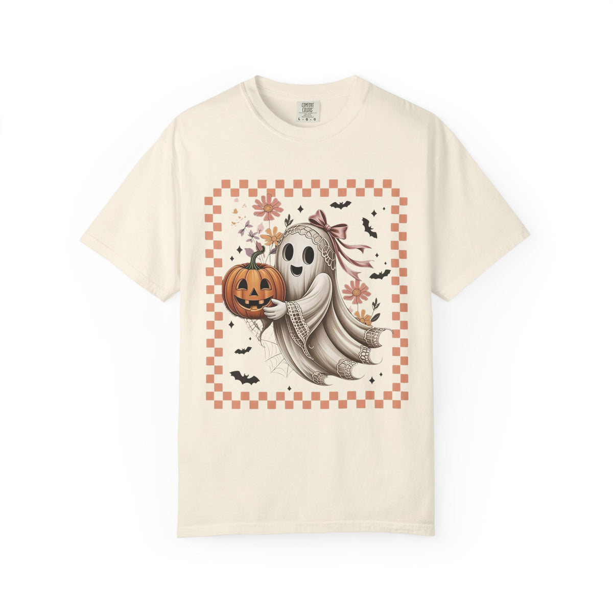 Ghost & Pumpkin Halloween T-Shirt — Cute Vintage Checkerboard Fall Tee