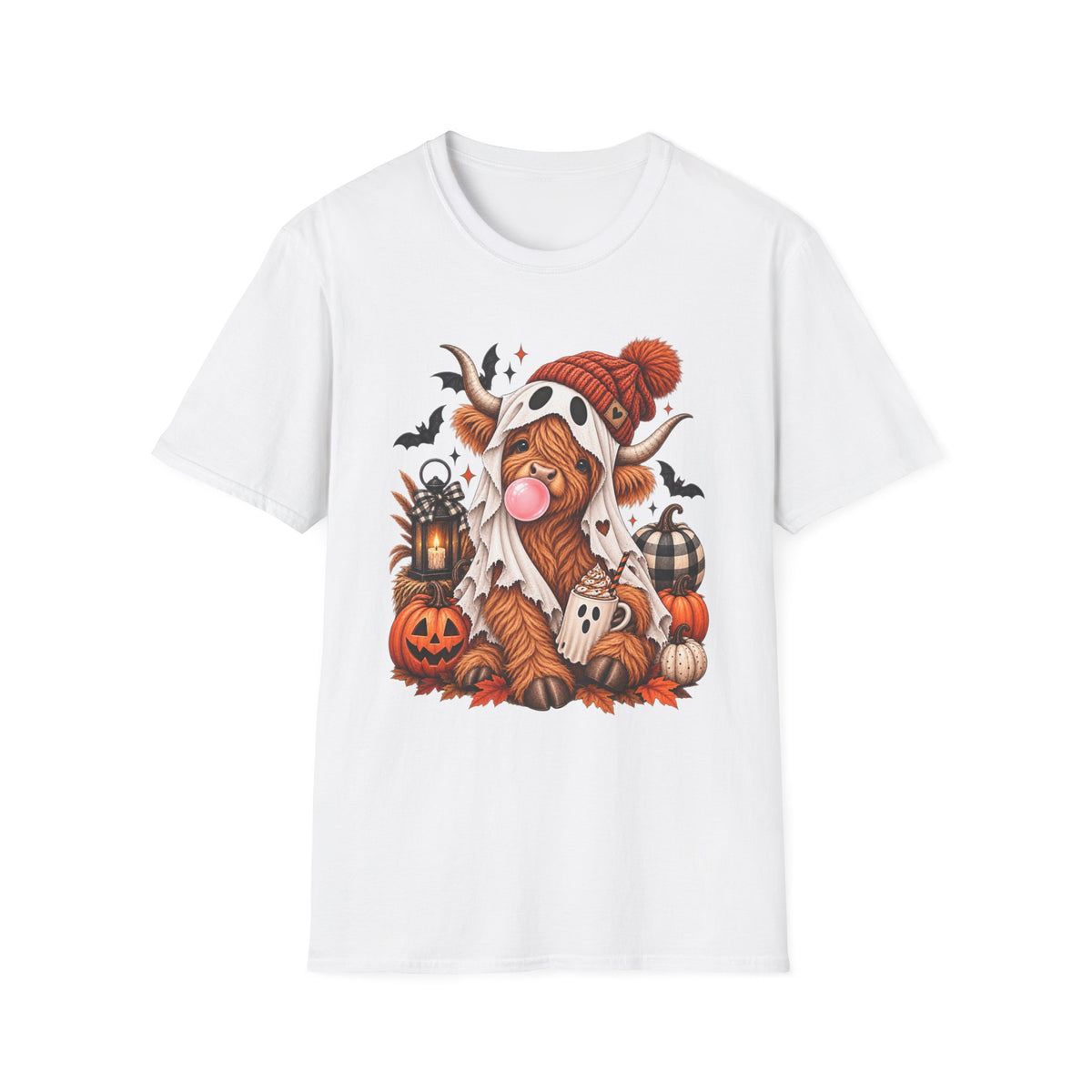 Highland Cow Halloween T-Shirt — Cute Spooky Cow in Beanie with Pumpkins & Bats