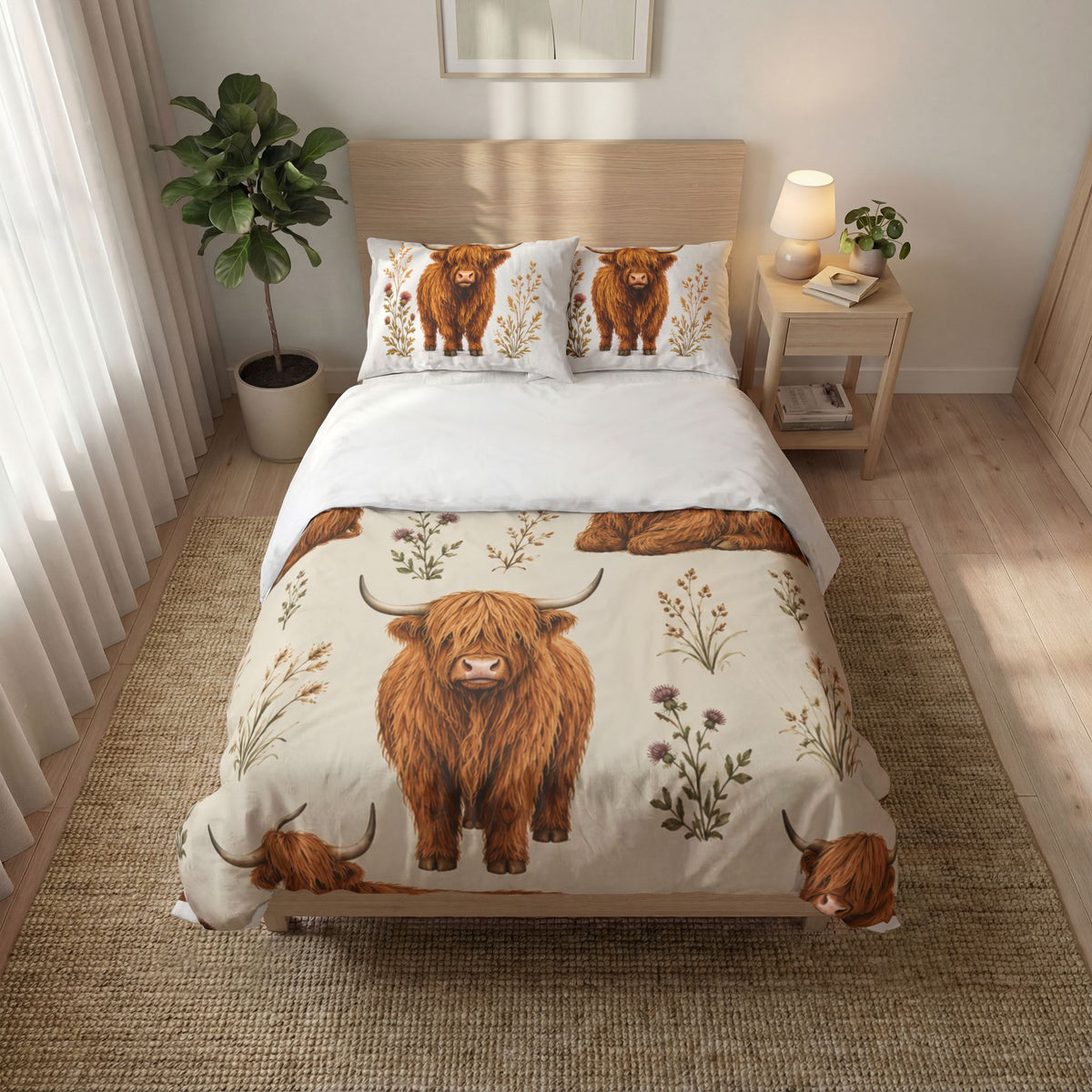 Highland Cow Duvet Cover Set – Rustic Farmhouse Quilt Set (3-Piece)