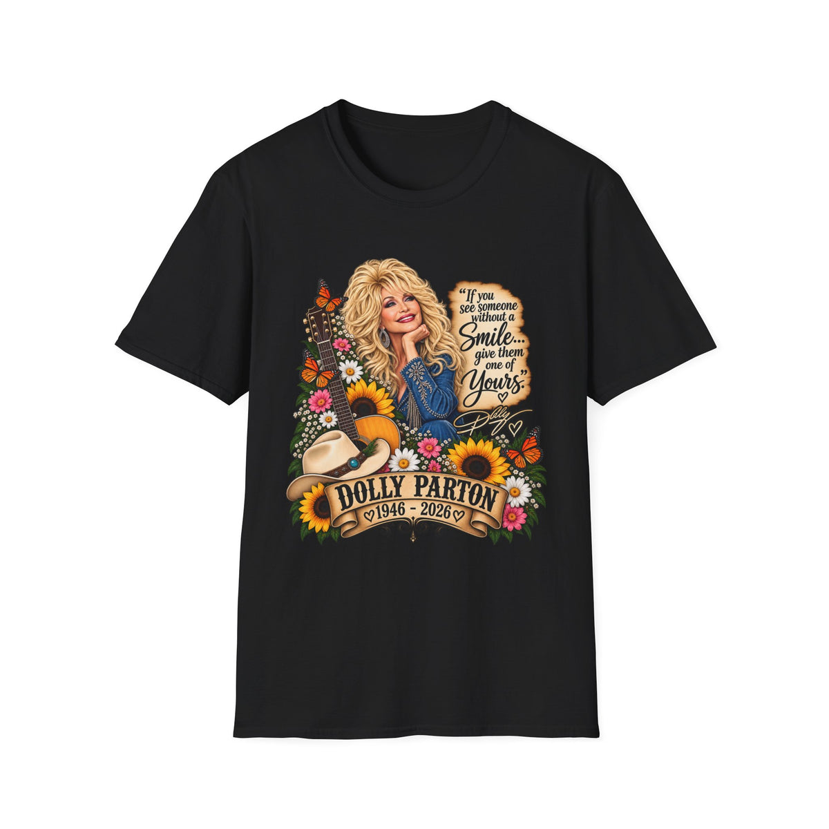 Dolly Parton Graphic T‑Shirt — “If you see someone without a smile…” Retro Floral Tee