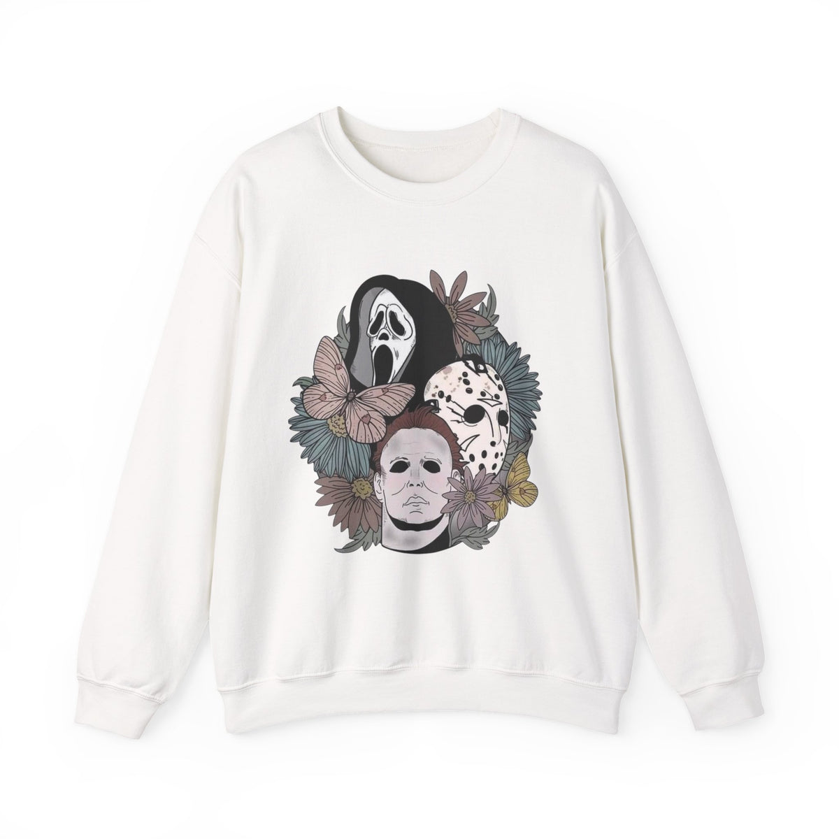 Horror Icons Floral Crewneck Sweatshirt — Scream, Michael Myers & Jason Mask Graphic
