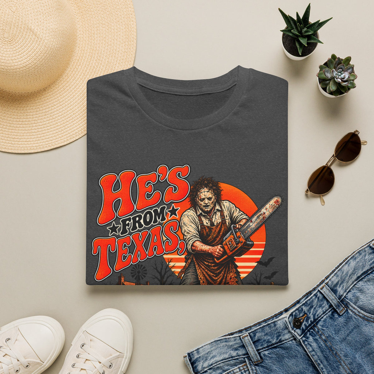 He's From Texas T‑Shirt — Vintage Chainsaw Graphic Tee