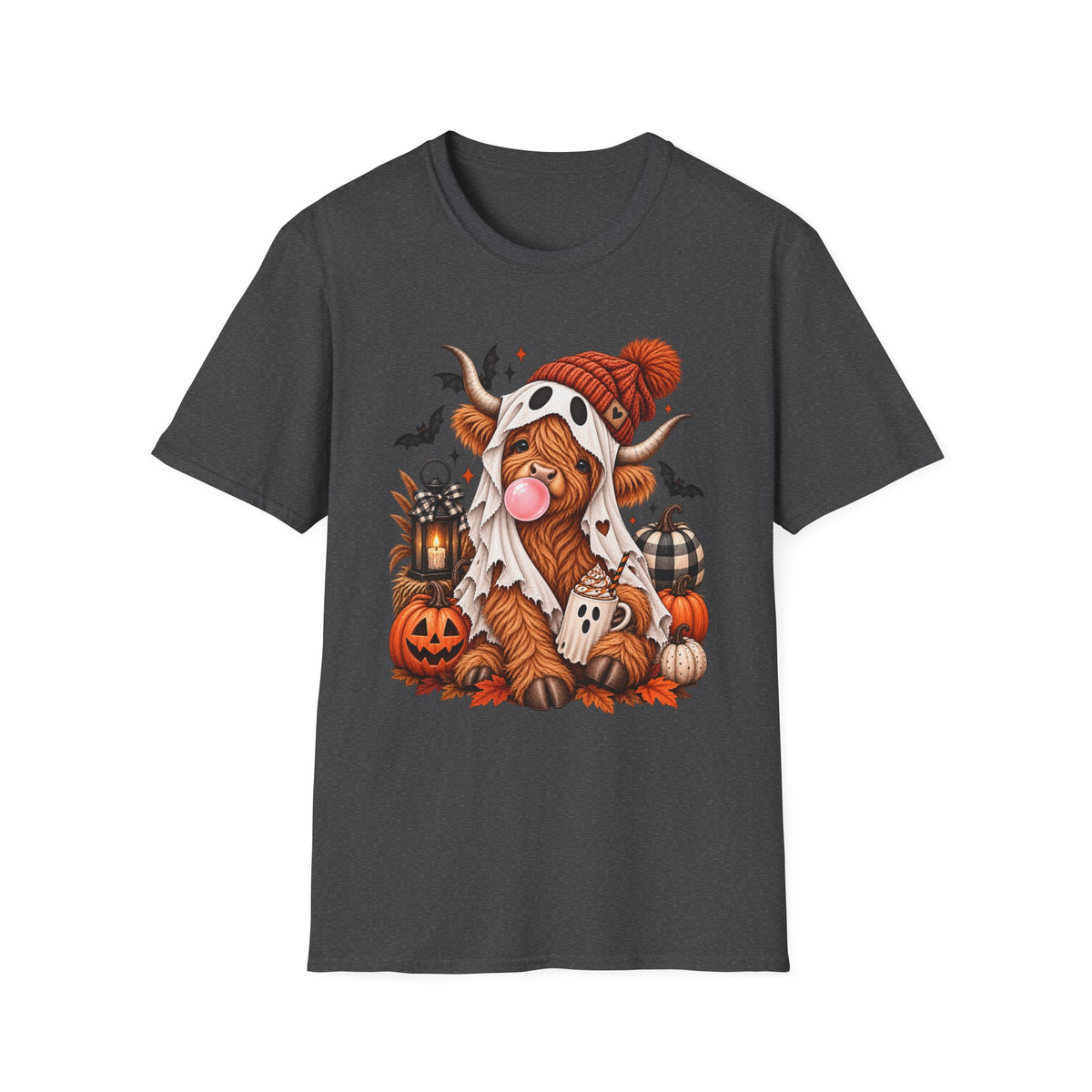 Highland Cow Halloween T-Shirt — Cute Spooky Cow in Beanie with Pumpkins & Bats