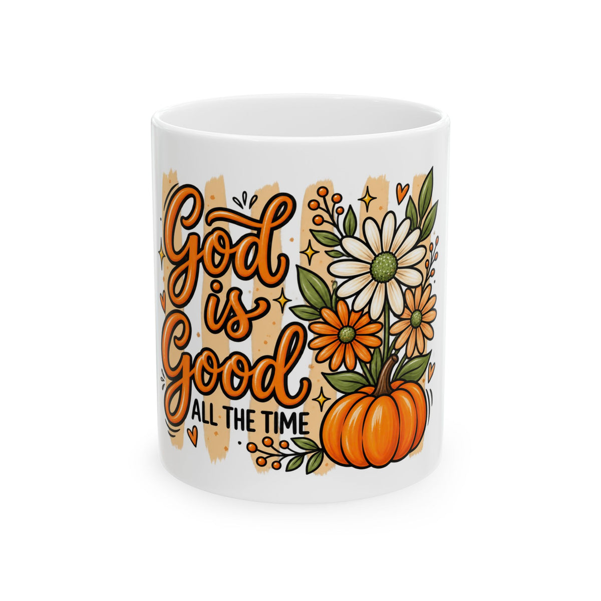 God Is Good All The Time Ceramic Mug — Autumn Pumpkin & Daisy Christian Coffee Cup