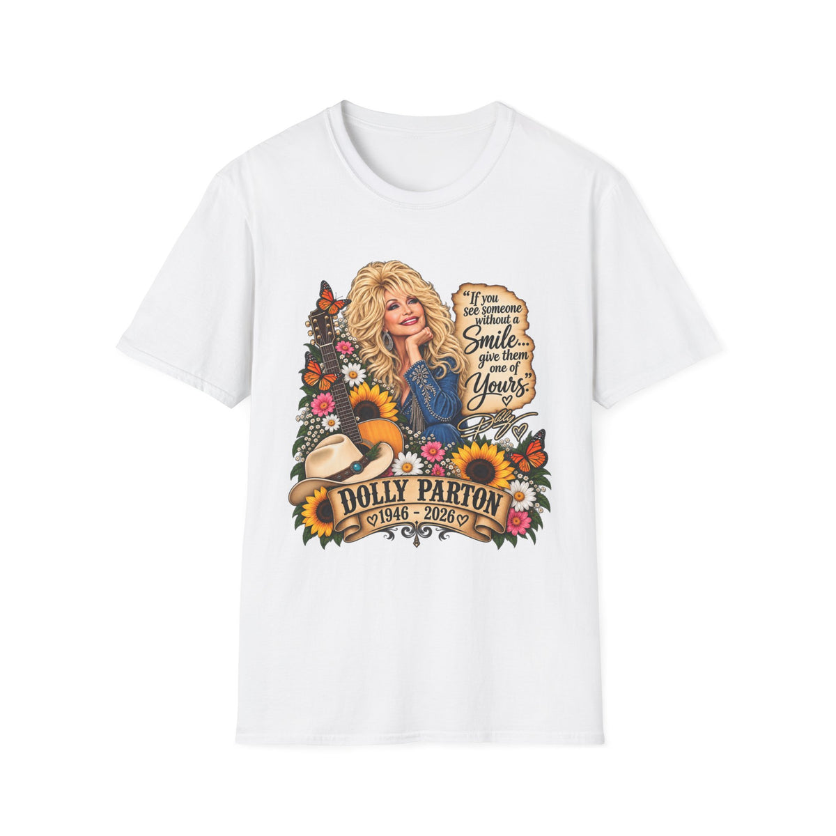 Dolly Parton Graphic T‑Shirt — “If you see someone without a smile…” Retro Floral Tee